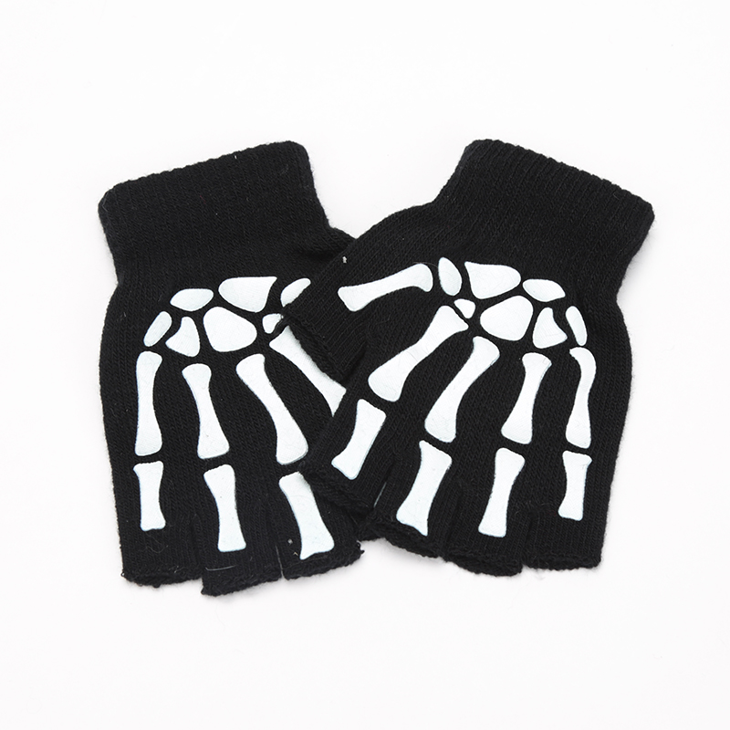 New Kids Halloween Skeleton Skull Half Finger Luminous Punk Gloves Winter Skull Fingerless Black Mitten