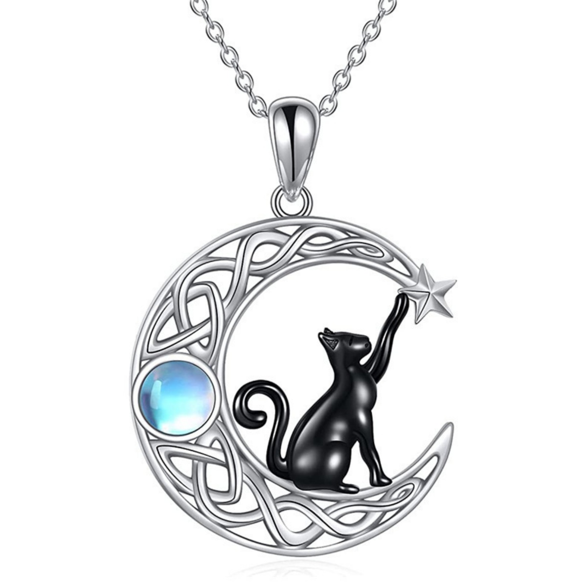 Creative Black Cat Moonstone Moon Pendant Necklace For Women Men Retro Gothic Cute Kitten Animal Choker Halloween Party Jewelry