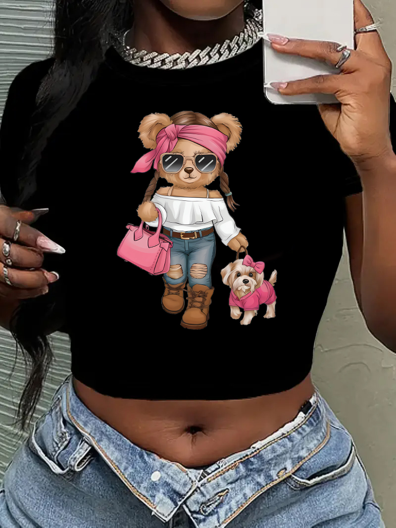 Kawaii Bear with Girls Design Cropped Girls Crop Top T Shirt Women's Print Shirt T-shirt Funny Top Tee