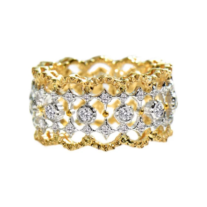 Huitan Luxury Hollow-out Wide Rings for Women Fashion Tow-tone Style Finger Accessory Exquisite Chic Engagement Wedding Jewelry