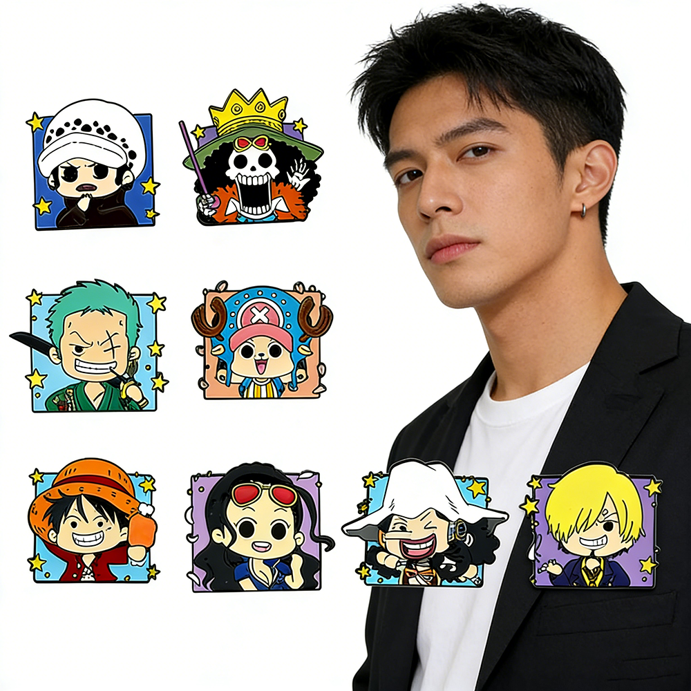 One Piece Anime Action Figures Q Figurals Toys - Luffy Zoro Sanji Brooch Cap Badges Merchandise Decoration for Children