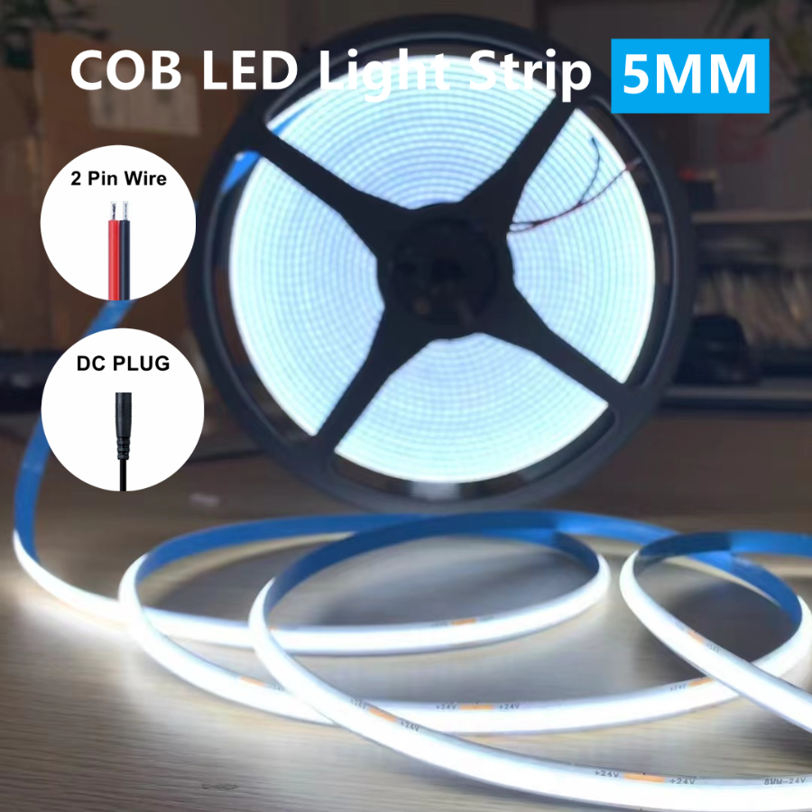 12V/24V 5MM Width 5m High Density LEDs Dimmable DC COB LED Light Strip Flexible COB Tape Light Bar TV Kitchen Bedroom Decoration