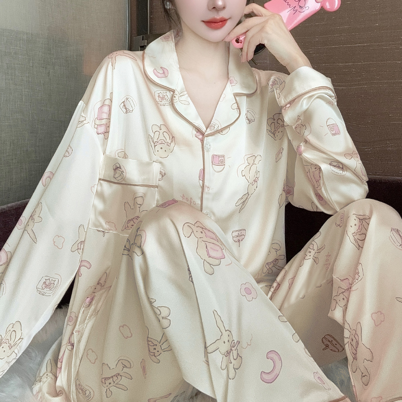 Cartoon Kawaii Rabbit Cute Print Women's Pajamas Korean Sweet Y2k Fashion Female Nightgown 2024 New Autumn Lazy Casual Sleepwear