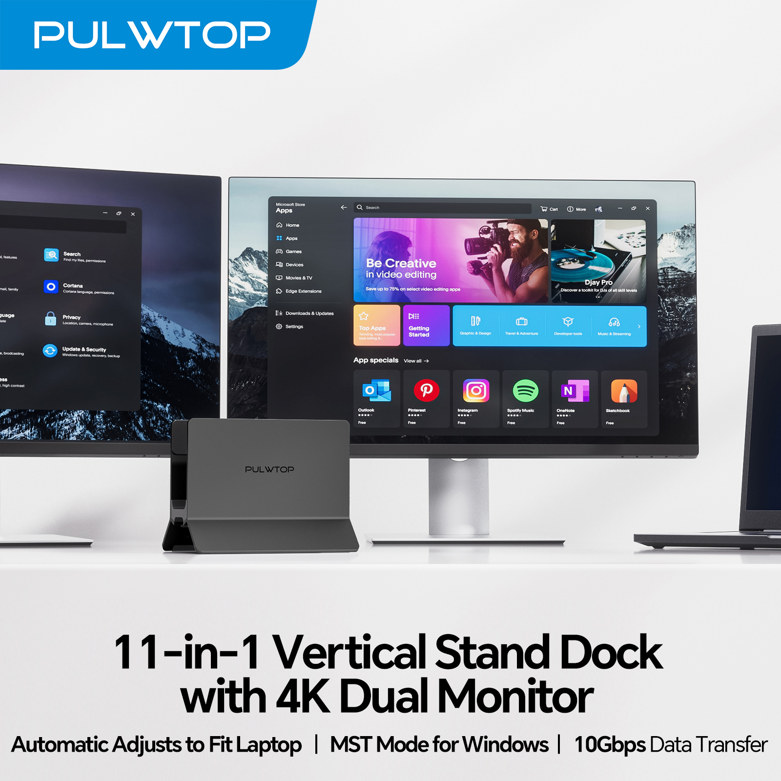 PULWTOP 11 In 1 Vertical Docking Station With Dual HDMI 4K Three USB Ten Gbps Ethernet For Type C Laptop Computer Hub Stand