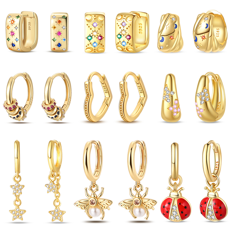 Luxury Pearls Earrings 925 Silver Stars Moon Bees Golden Color Hoop Earrings For Women Fine Wedding Engagement Jewelry
