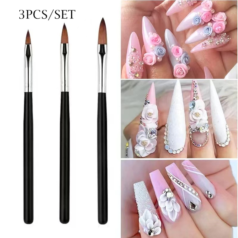 3Pcs Professional Japanese Nail Art Acrylic Brush Set 3D Carving UV Gel Builder Brush for Manicure Nail Painting Tools