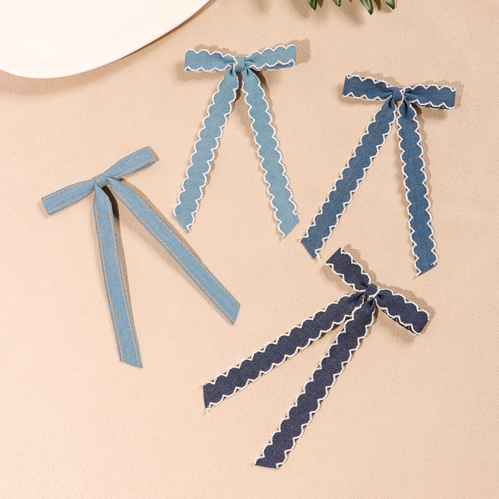 4pcs Blue Denim Long Tail Lace Bow Hair Clip Fashionable Hairpin At The Back Of The Girl's Head Children's Daily Hair Barrettes
