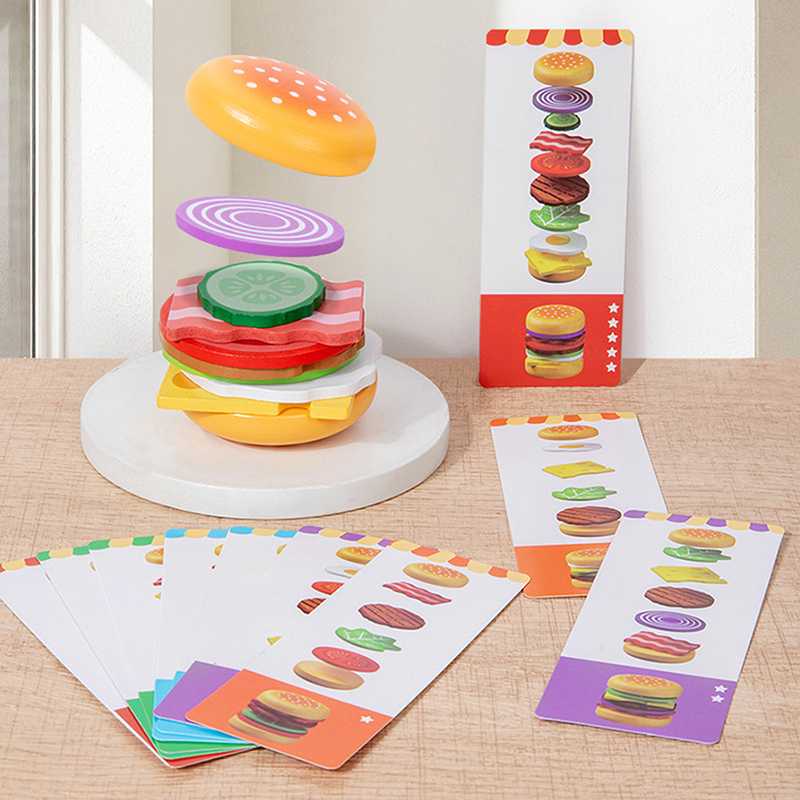 Montessori Wooden Hamburger Pretend Play Toy Educational Simulation Food Matching Stacking Game With Cards For Kids 2 Years