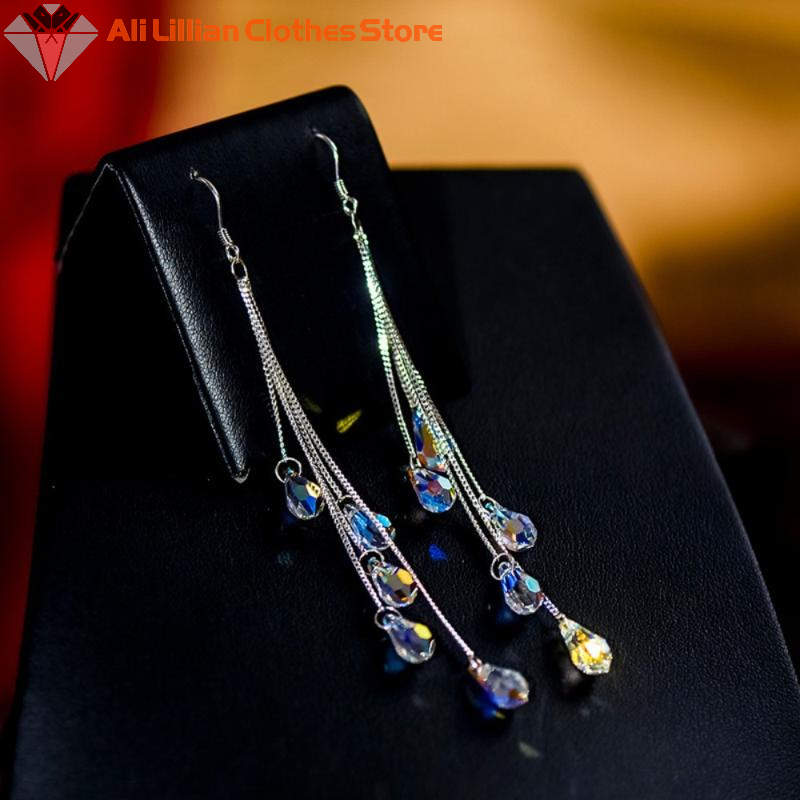 Elegant Water Droplets Long Dangle Earrings White Zircon Stones Earrings Luxury Fashion Silver Color Metal Chain Jewelry