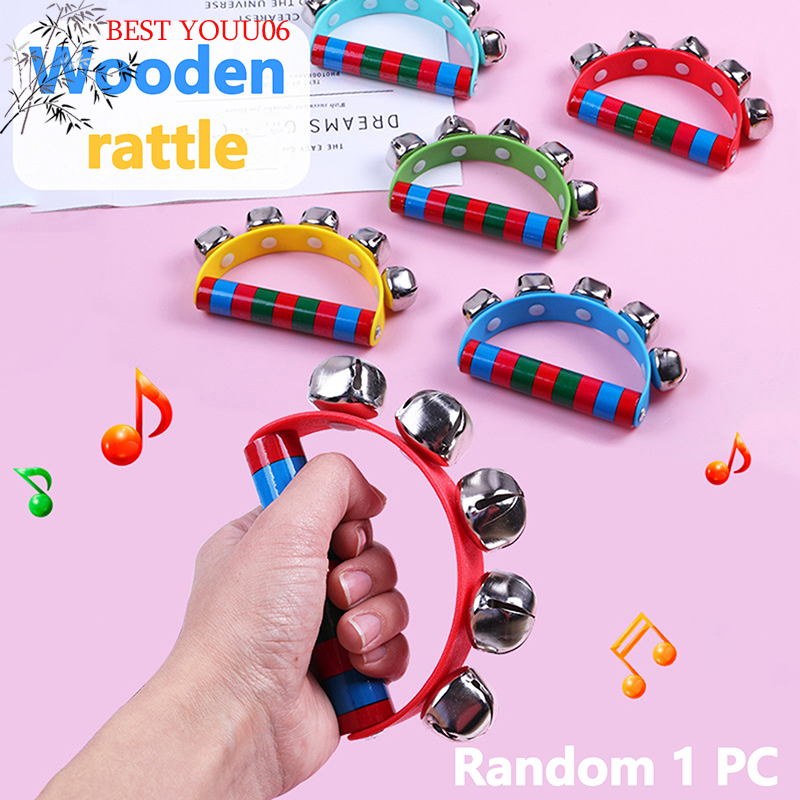 (YOUU06)1PC Children Intellectual Prop Handbell Hand Bell With 5 Jingle Bell Wood Handle Musical Instrument Toy Music Class