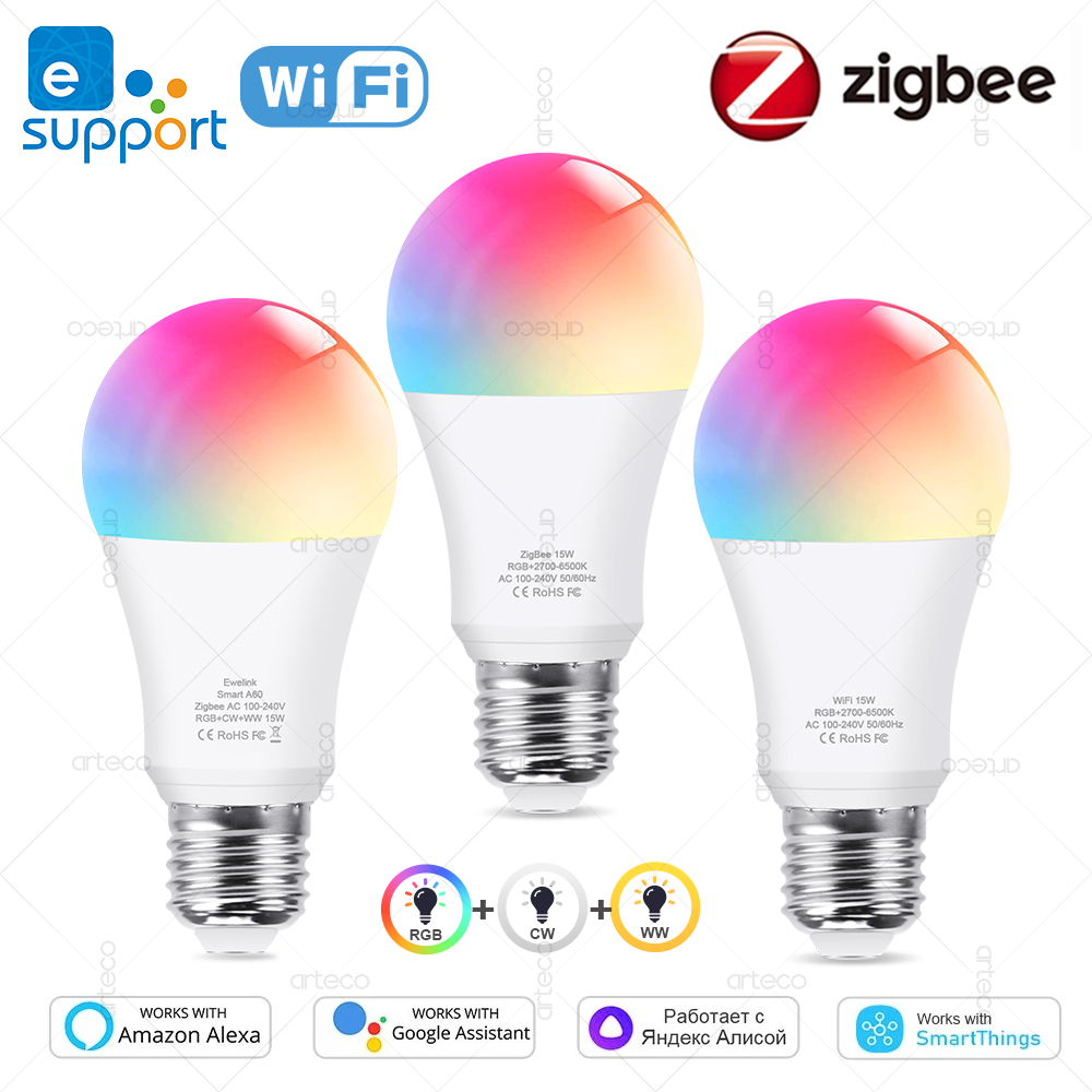 Smart WiFi Zigbee LED Light Bulbs 15W 18W Dimmable E27 RGB+WW+CW Lamp For EWelink APP Alexa Home Smartthings Yandex Alice lightify