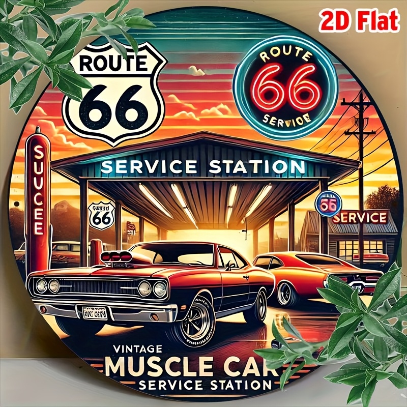 2D Flat, 2D Flat 1pc, Round Room Decor Route 66 Vintage Muscle Car Service Station Metal Tin Sign, 8x8inch (20x20cm), Retro Alum