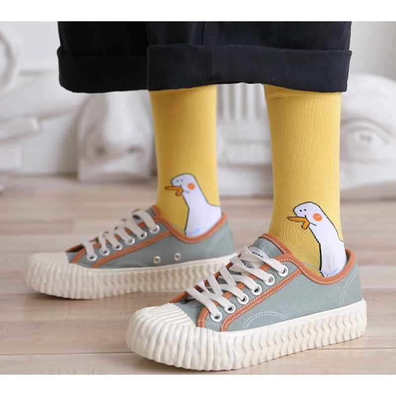 1/ 5 pairs Casual fashionable women's mid length socks spring autumn color blocking cute cartoon socks versatile long socks