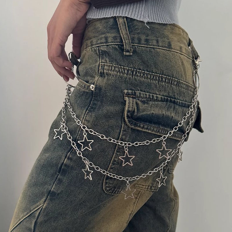 1pc Star Double Layer Waist Chain Mens Decorative Pant Chain Jeans Trouser Chains Hip Hop Rock Chain Punk Retro Belt Chain