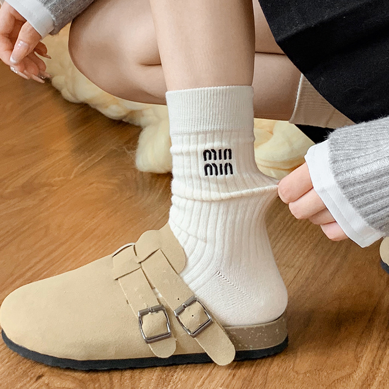1 Pair Retro Women Cotton Loose Socks Autumn Winter Knitting Solid Color Long Korean Japanese Student Girls Stockings