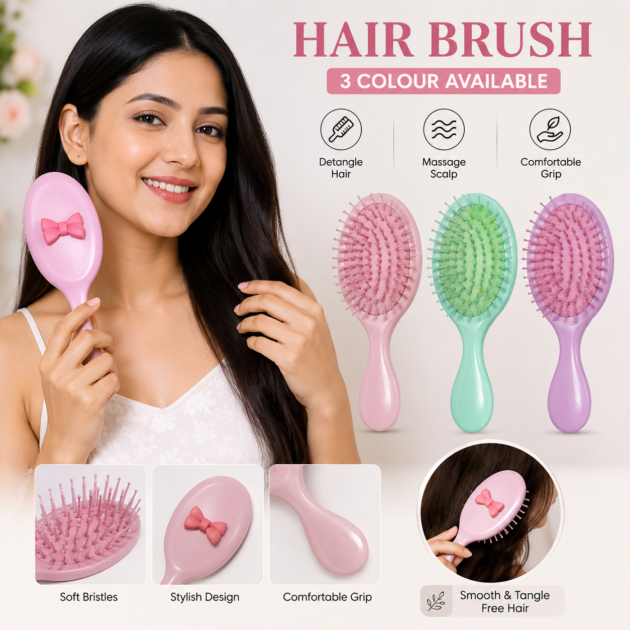 Cute Mini Hair Brush for Women & Girls | Soft Detangling Scalp Massage Hair Comb | 3 Colours Available