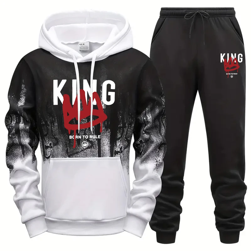 King Printing Mens Tracksuit Casual Splash-ink Hooded Sweatshirt+Pants Set Sports Jogging Suit Outdoors Street Men Clothing 2025