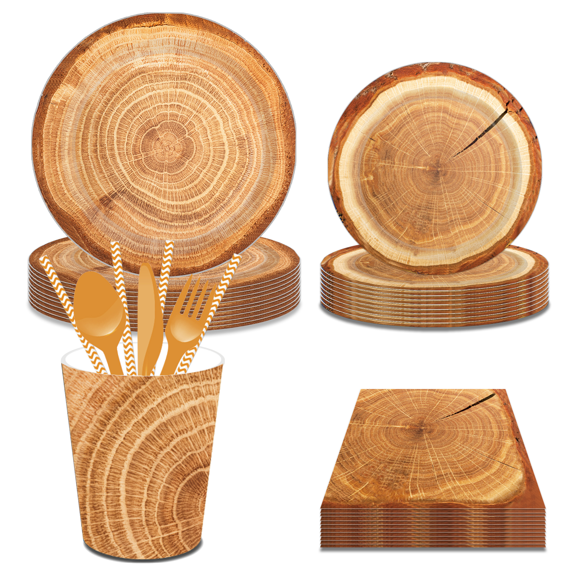 Solid Brown Imitation Wood Grain Party Disposable Tableware Sets Birthday Paper Cups Napkins Plates Festival Party Decoration