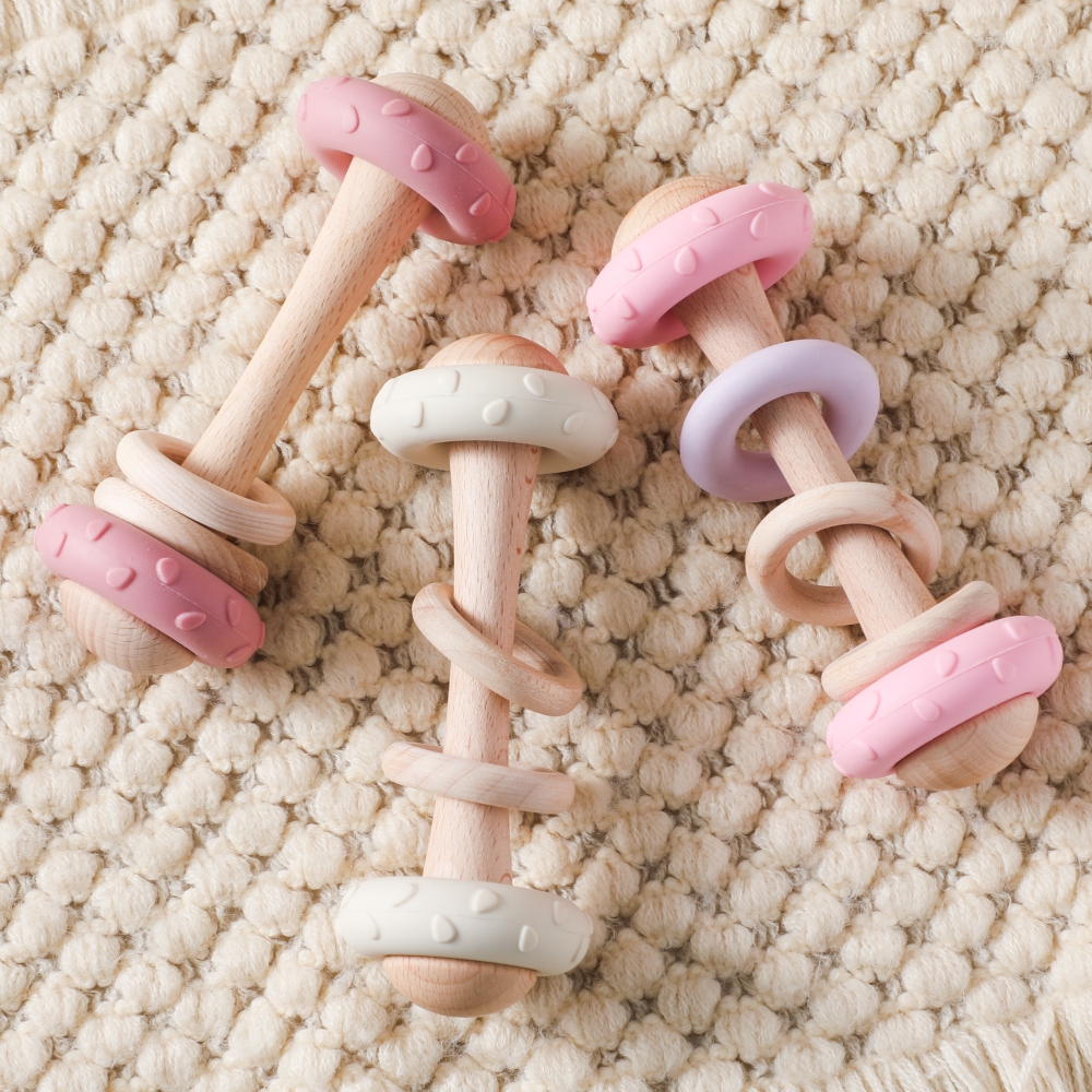 1Pc Baby Wooden Teether Toy with Silicone Ring Handle Musical Rattle Sensory Montessori Teething Toy for Infants 0-12 Months