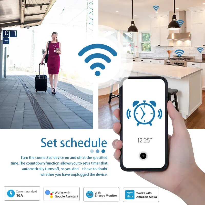 Tuya Smart Home Socket WiFi 20A EU Plug Outlet Remote Control Timer Power Monitor Support Voice Home