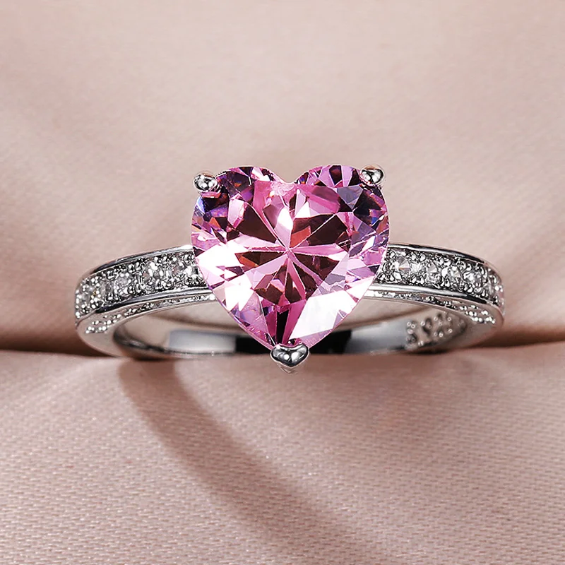 Huitan Luxury Solitaire Women Heart Engagement Rings AAA Pink Cubic Zirconia Proposal Rings For Girlfriend Anniversary