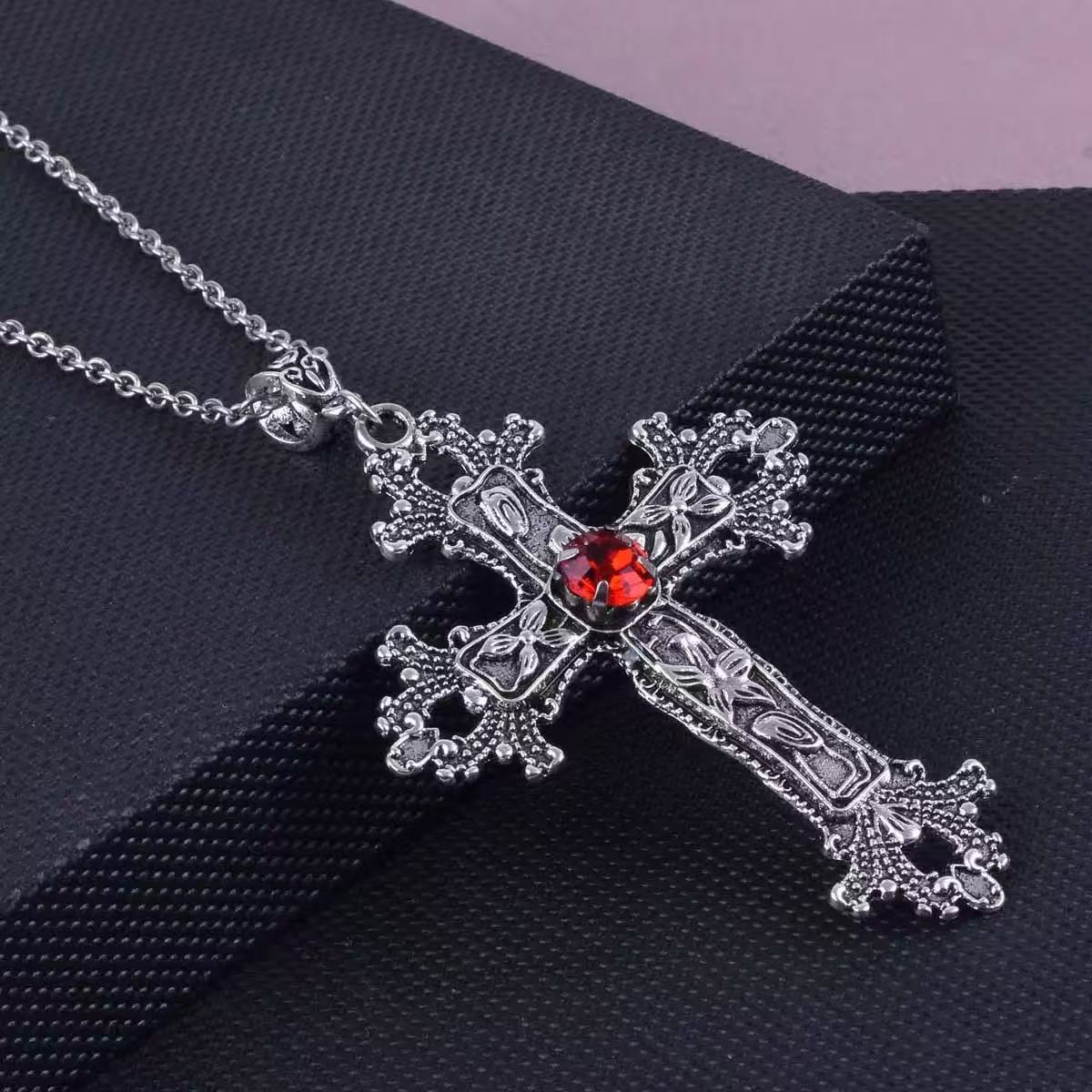 1PCS Punk Split Flame Crystal Large Cross Ancient Silver Men and Women Gothic Irregular Cross Chain Necklace Pendant, Aesthetic
