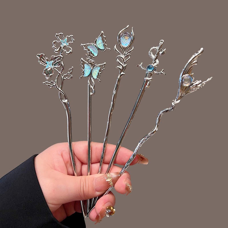 New Chinese Style Moonlight Stone Women's Alloy Hairpin with Unique Design Antique Butterfly Liquid Metal Premium Headpiece