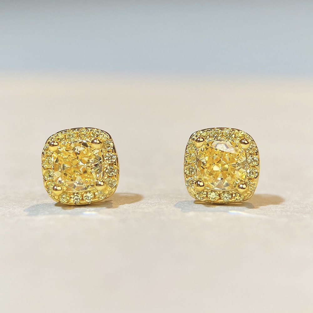 S925 sterling silver retro yellow diamond stud earrings women's small sugar cube cute simple high-end fashion earrings