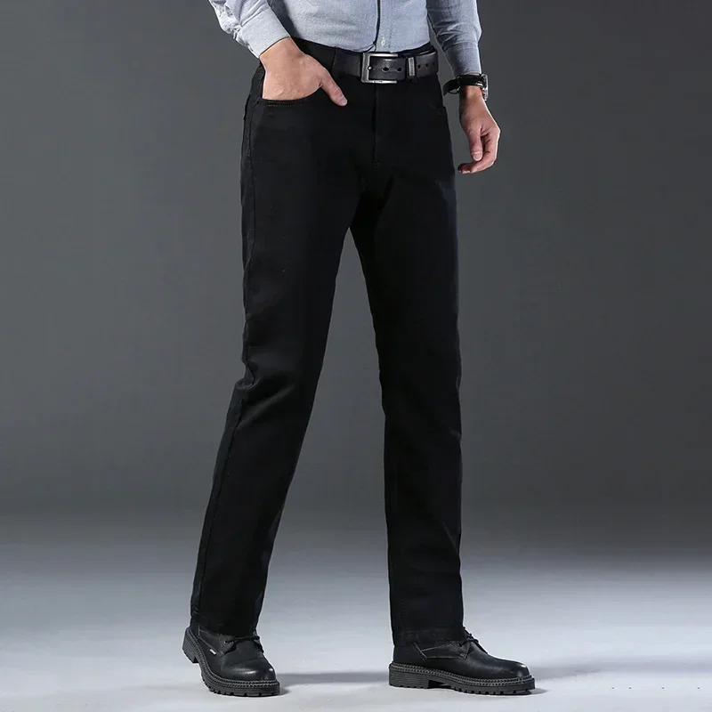 Men Spring Autumn Versatile Comfortable Jeans Loose Straight Business Casual Denim Pants Male Simplicity Solid Color Trousers
