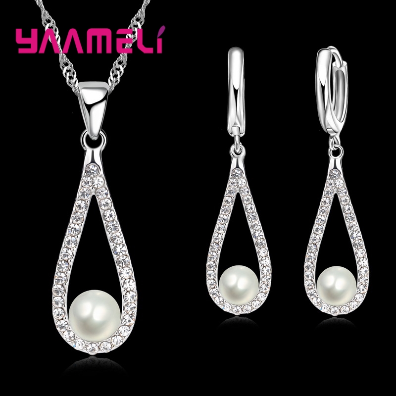 Pure 925 Sterling Silver Color CZ Crystal Water Drop Pearl Necklaces Pendant Chain Earrings Woman Fine Wedding Jewelry Set