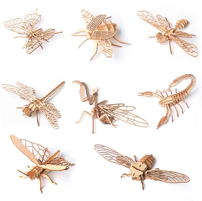 Baby Toy 3D Wooden Puzzle Insect Animal Handmade Educational Assembly Toy for Children Home Decorations