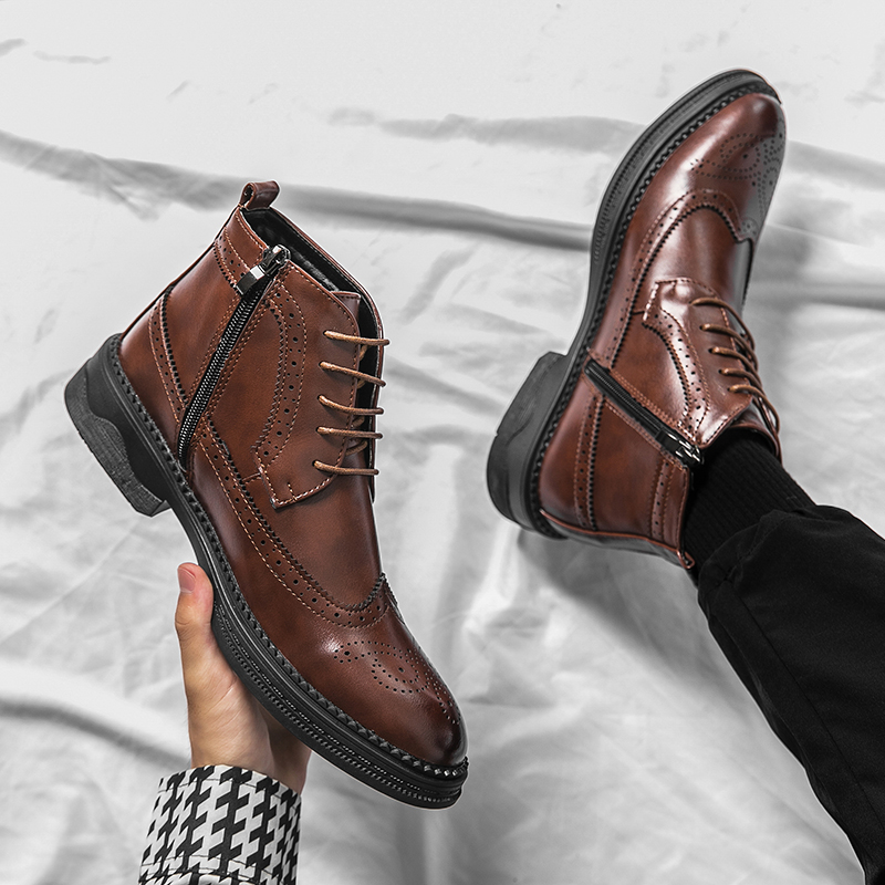 Men Block Heel Lace-up And Side Zipper Design Brogue Boots