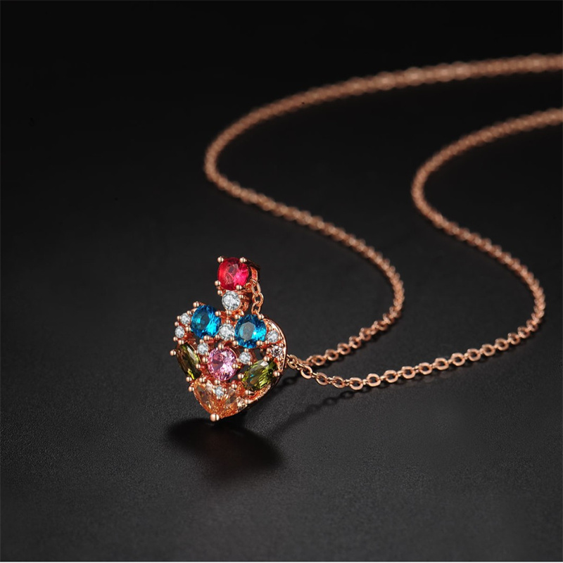 Multicolor Zircon Rainbow Stone Love Heart Pendant Necklaces For Women Charm Rose Gold Color Chain Jewelry Bridal Versatile