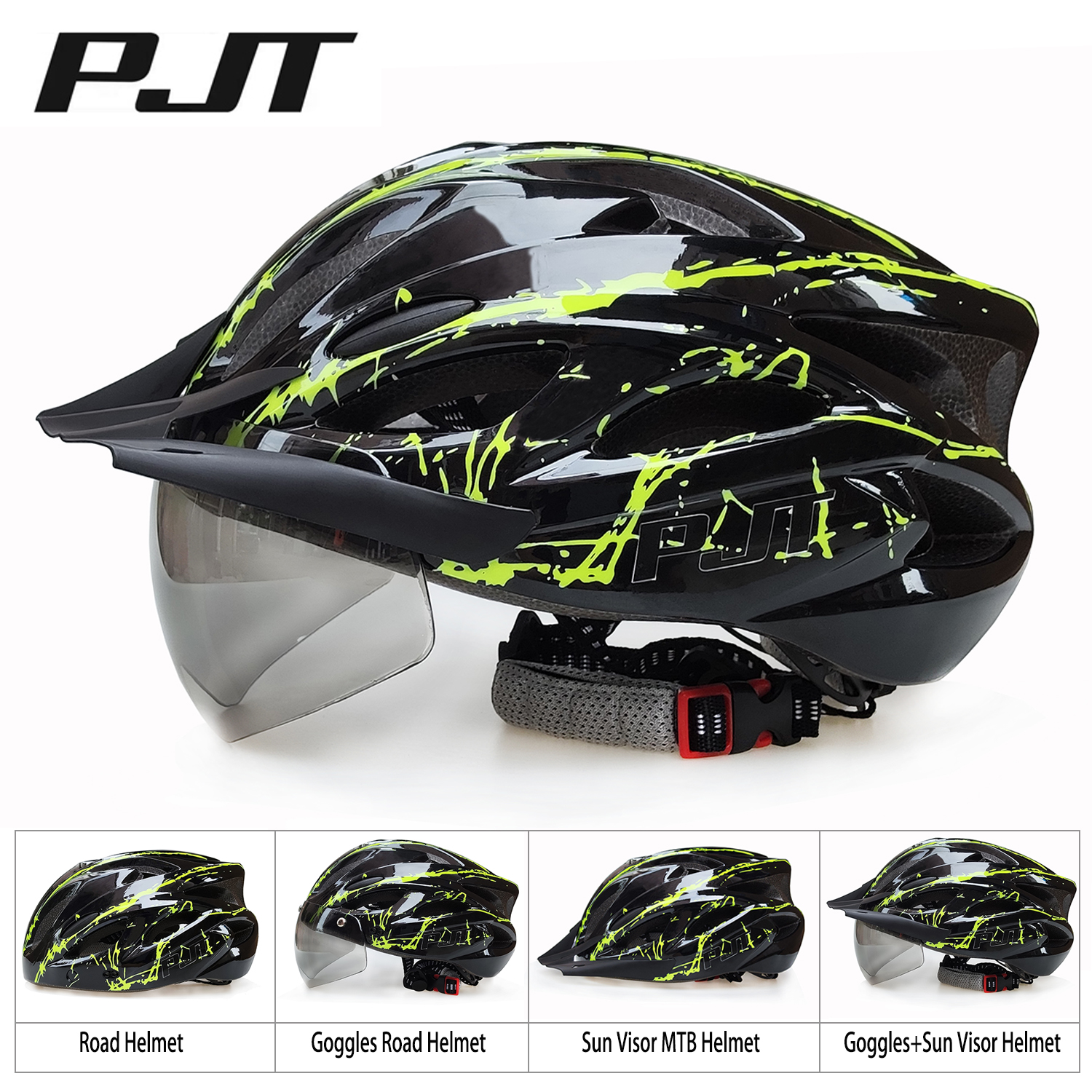 PJT 4-in-1 Lightweight Cycling Helmet 18 Breathable Holes Bicycle Helmet s Road MTB Detachable Sun Visor Goggles Bike Helme