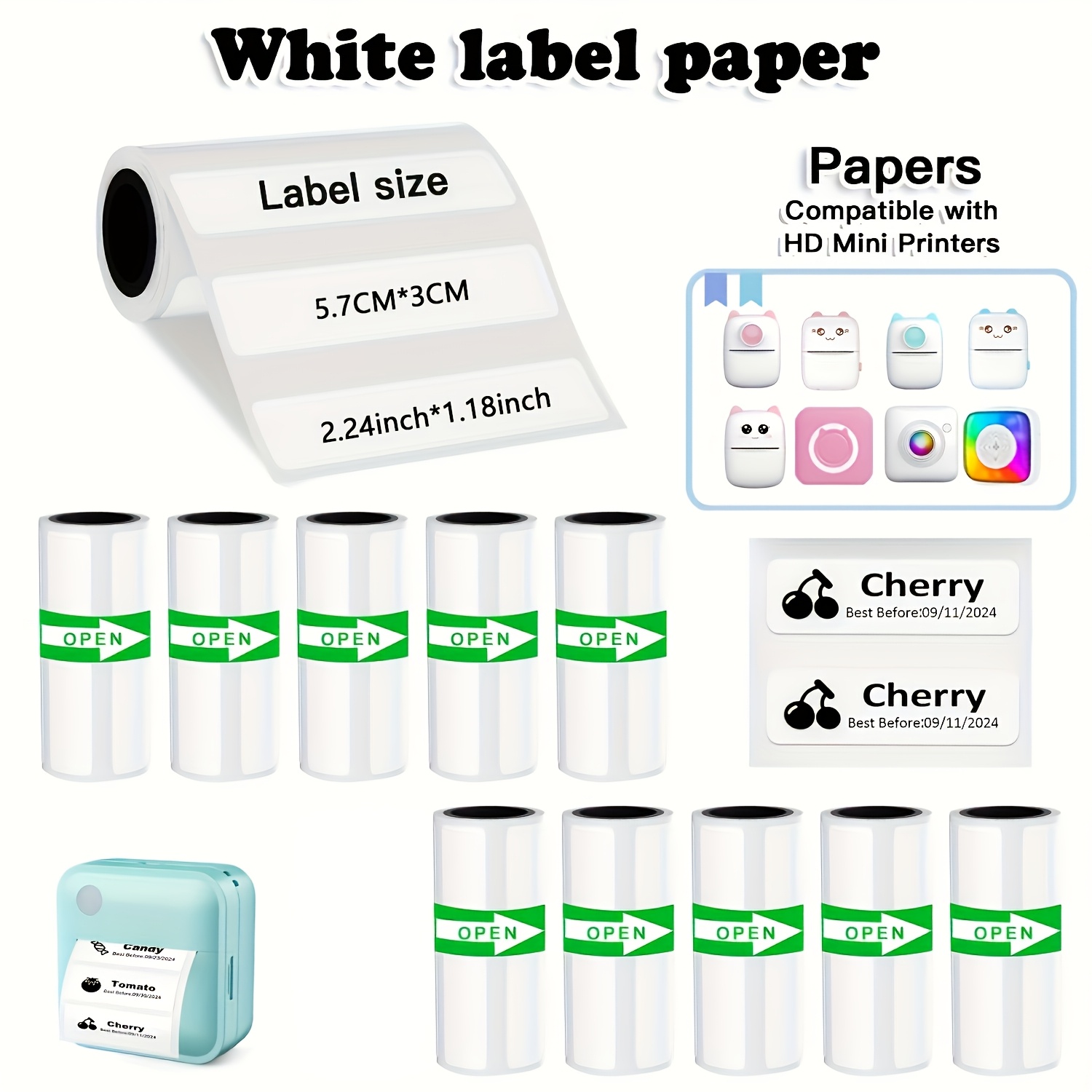 5 Rolls 57x30mm/15mm Mini Thermal Labels - White Non-Adhesive Tape, Fit Portable Mini Thermal Printers, Home/Office Organization