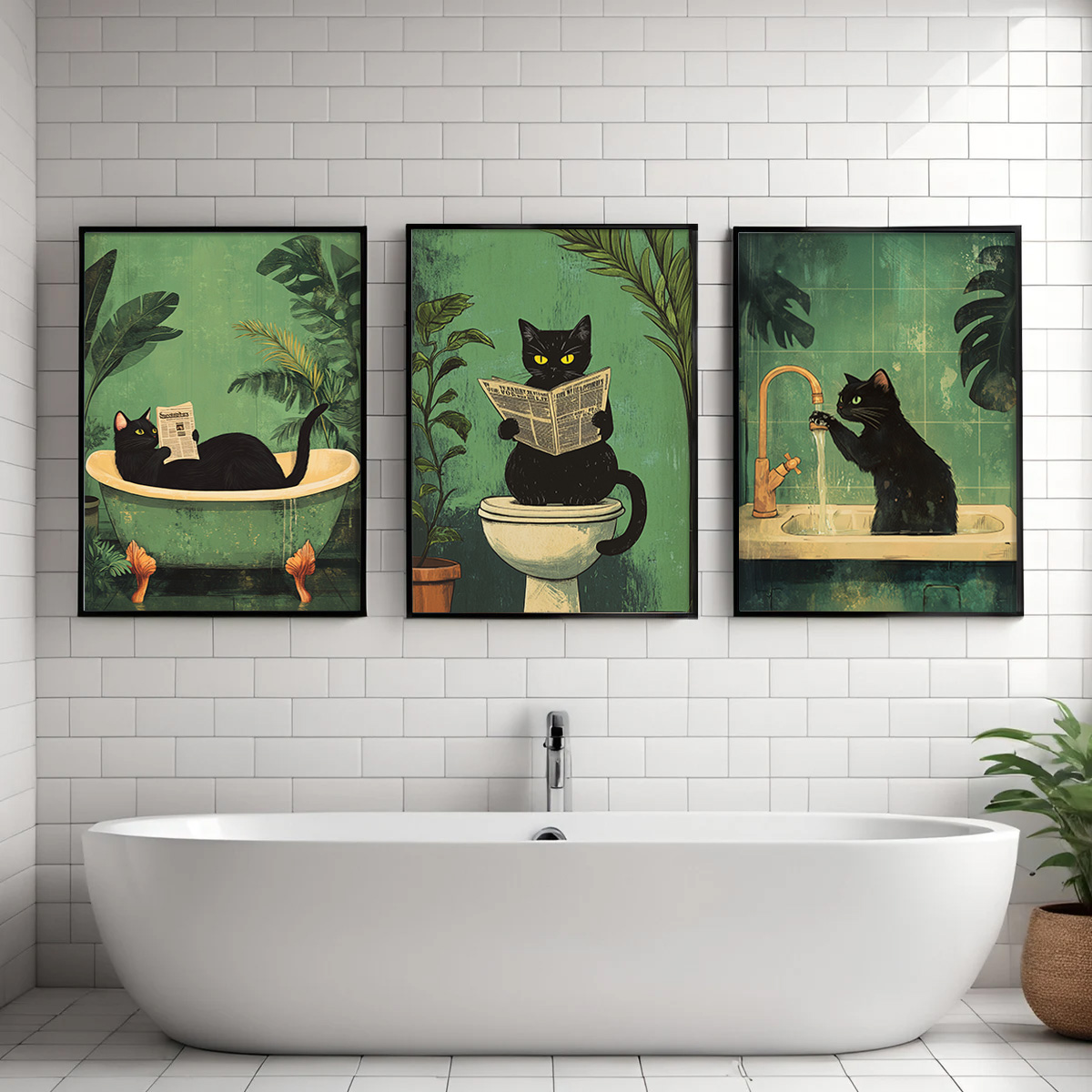 Set of 3 Funny Black Cat Bathroom Wall Art Canvas Prints, Vintage Animal Toilet Posters, Spring Decoration, Modern Indoor Wall Decor, Living Room, Bedroom, Bathroom, Toilet, Cafe, Bar, Home Office, Hallway, Home and Room Decoration Art, Unframed