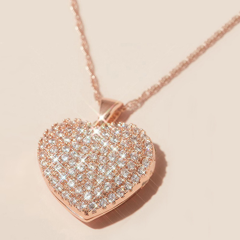Huitan Chic Women's Heart Necklace with Full CZ Stone Rose Gold Color Exquisite Female Love Necklace Daily Wear Fashion Jewelry