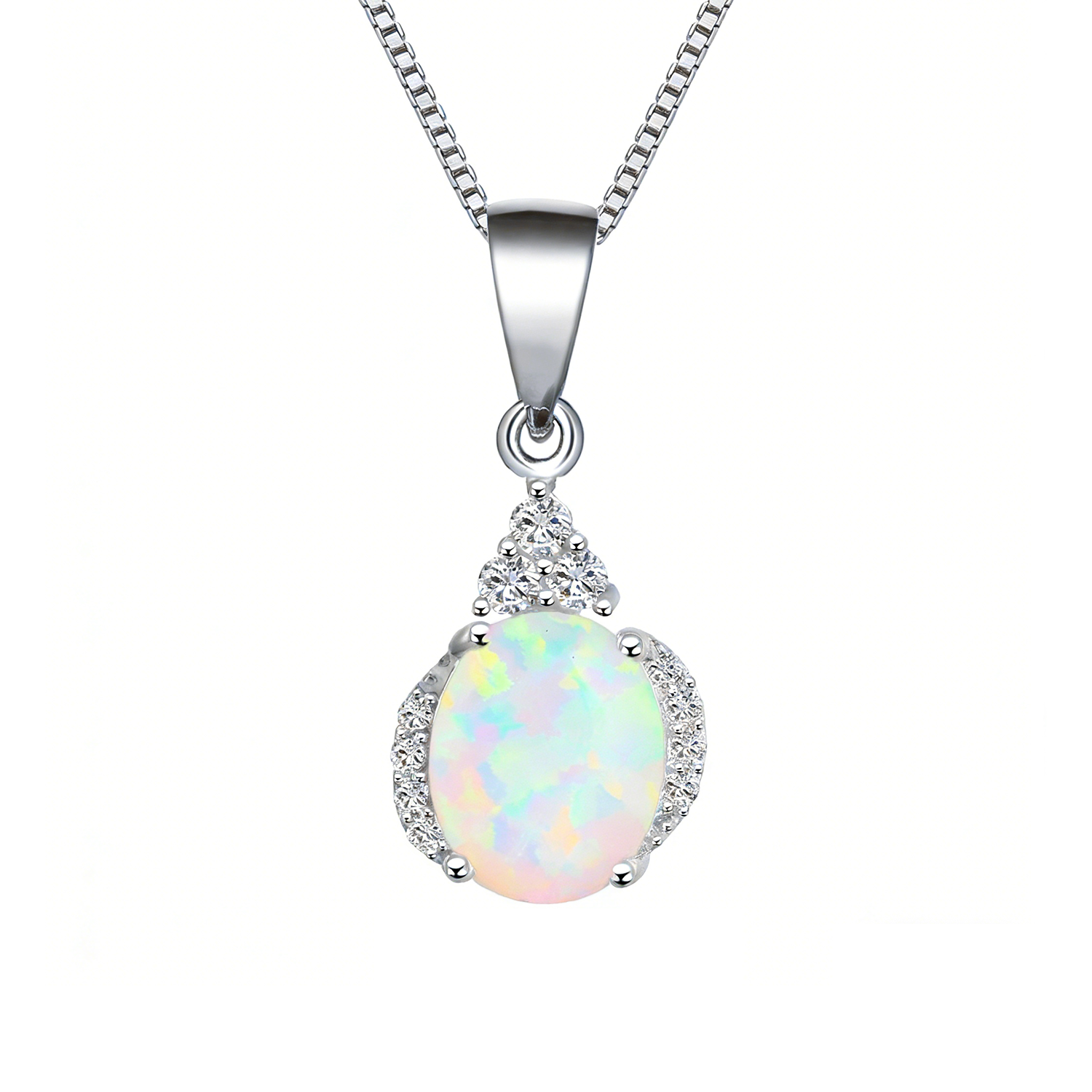 Oval White Fire Opal Pendant Necklace,Iridescent Stone & CZ Halo,White K Plated Box Chain,Minimalist Elegant Adjustable Jewelry