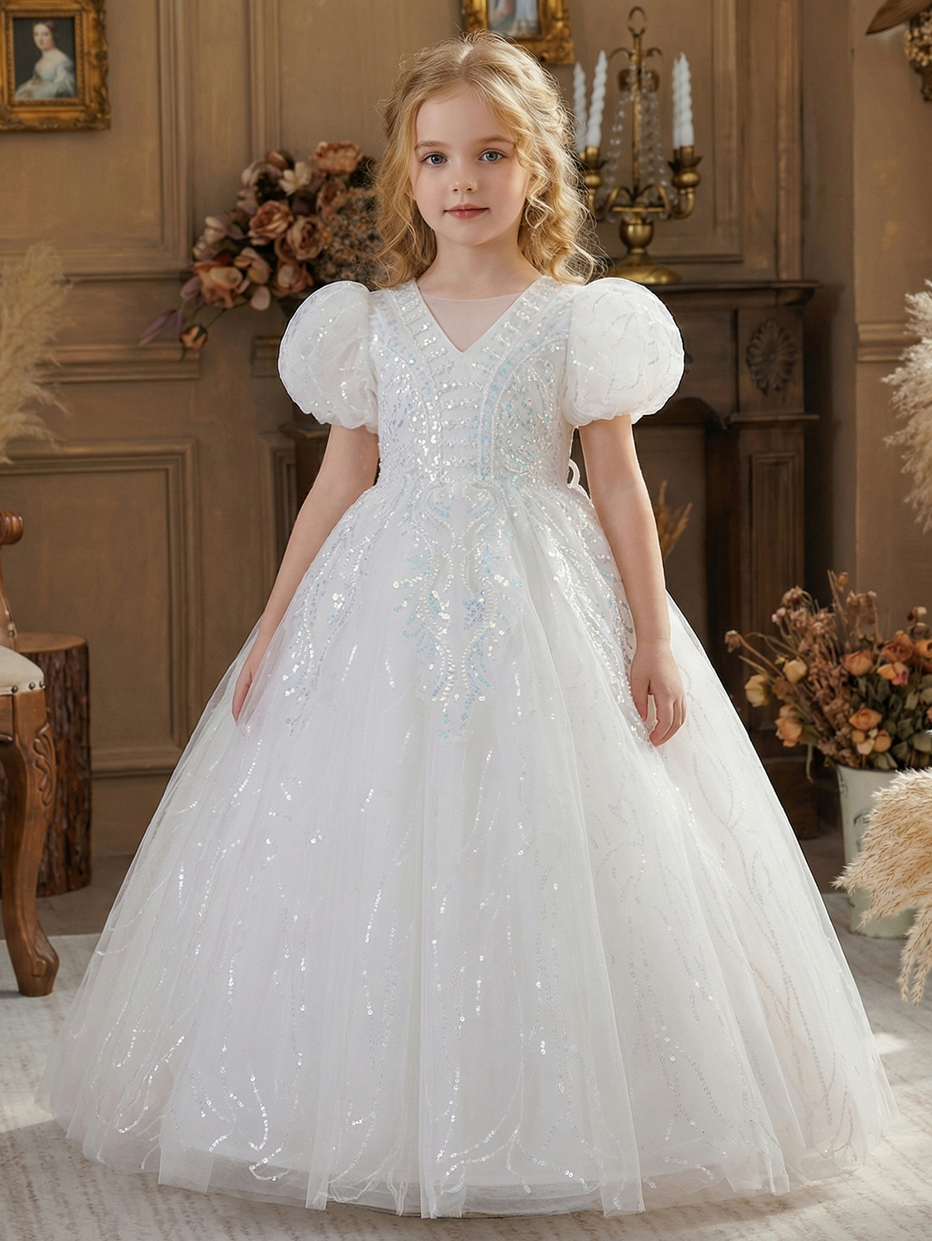 Tween Girl White puff sleeves Formal Dress with sequin netting Wedding Flower Girl Dress birthday party, formal events, outings