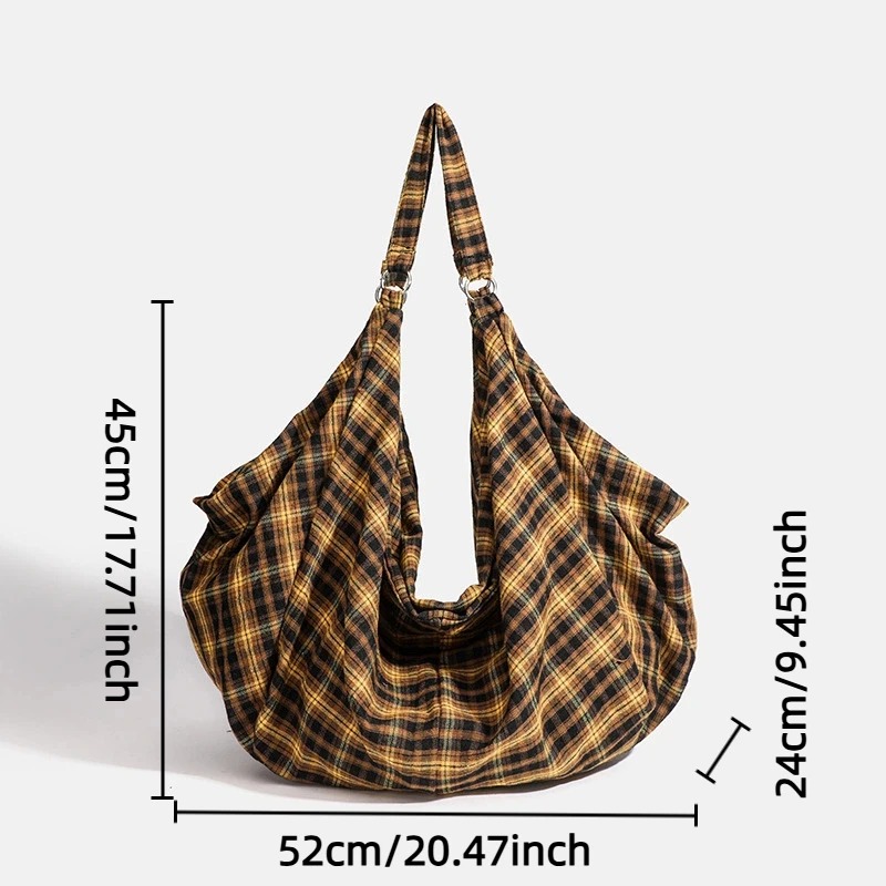 Vintage Checkered Canvas Tote Bag for Women Large Capacity Commuter Shoulder Bag Casual Relaxed Style Travel Bag Versatile
