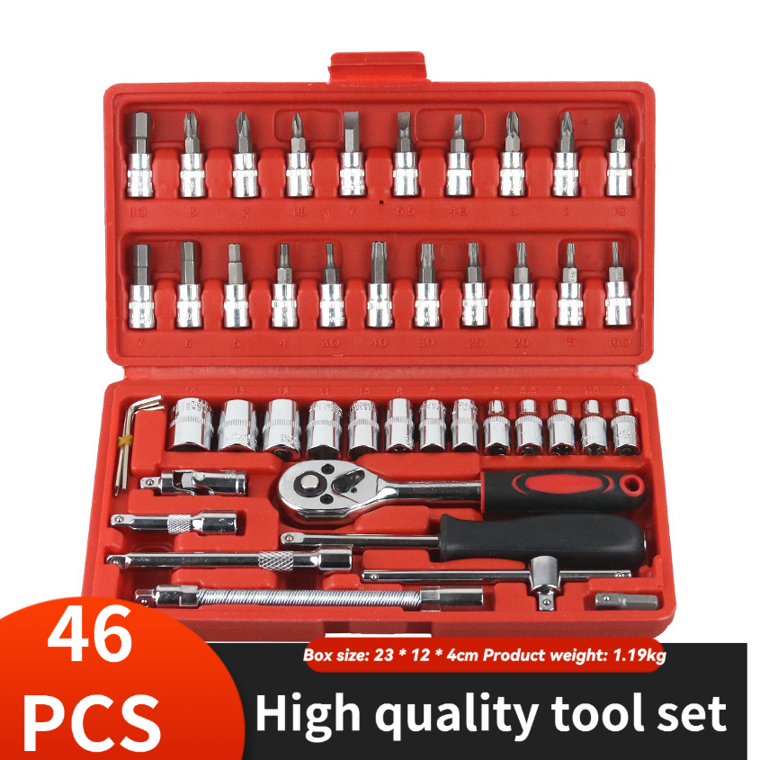 46 pieces of 1/4 inch drive socket ratchet wrench kit, with drill socket kit, metric and extension rod, for car maintenance