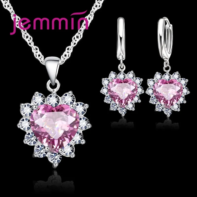 Wding Engagement Anniversary Jewelry Sets 925 Silver Color Stamped Heart Pendant Hoop Earrings for Women Girls