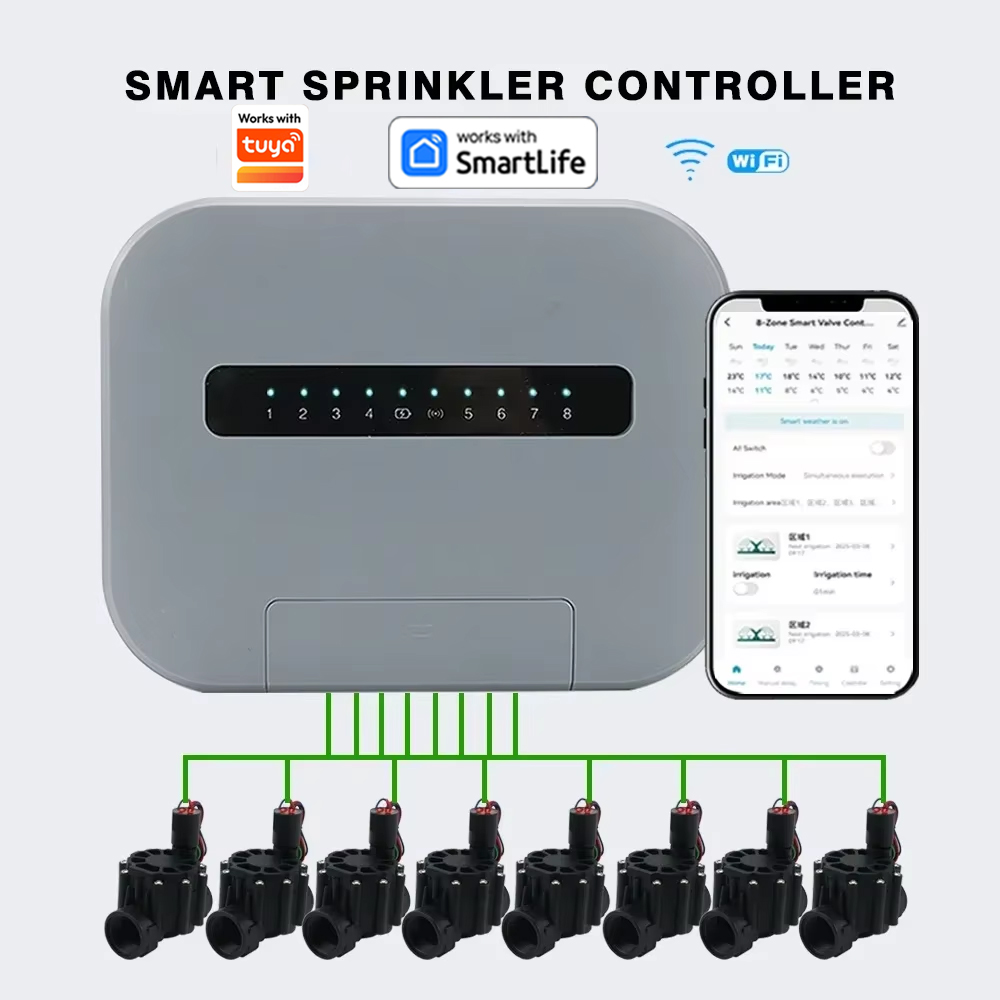 WiFi Smart Sprinkler System 6 Zone Or 8 Station Garden Irrigation Controller Water Valve Timer Automatic Wateringfor TUYA APP