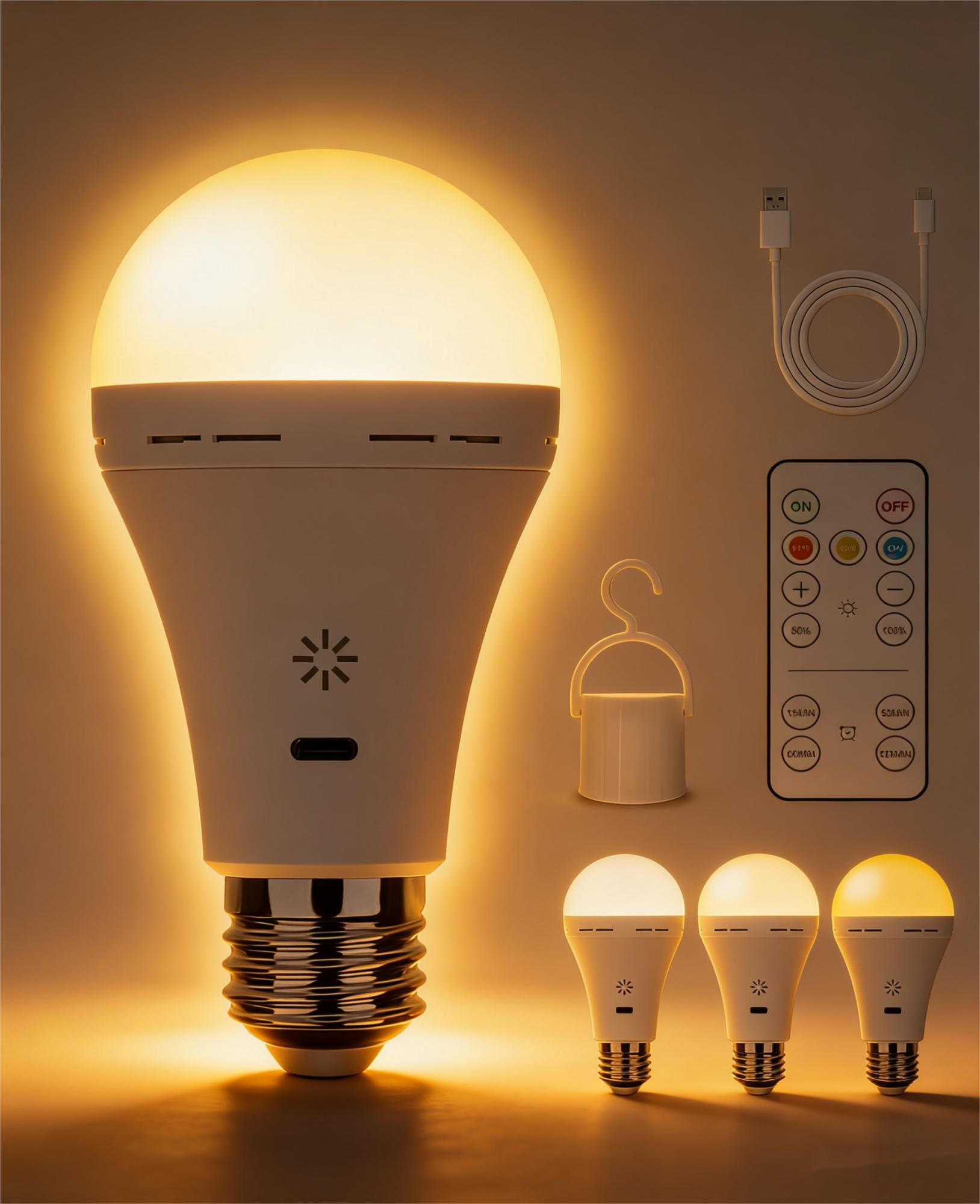 Comfortable Warm Light LED Bulb, Rechargeable Wireless Remote Control, Adjustable Brightness, Hook for Anywhere, USB Emergency