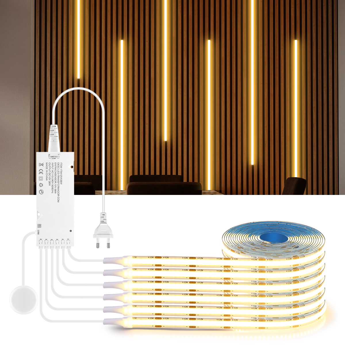6/5/4/3/2/1-in-1 Flexible COB LED Strip Diode Tape Grille Wood Board Wall Decoration Lamp With Touch Switch Dimmer+Power Supply