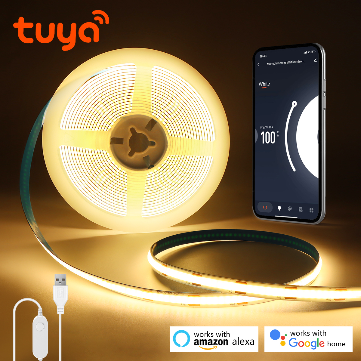 DC5V Tuya Smart WiFi COB USB LED Strip Light 320leds/M Silica Gel Tube LED Lights Tape Bedroom Wall Kitchen Cabinet Backlighting lightify