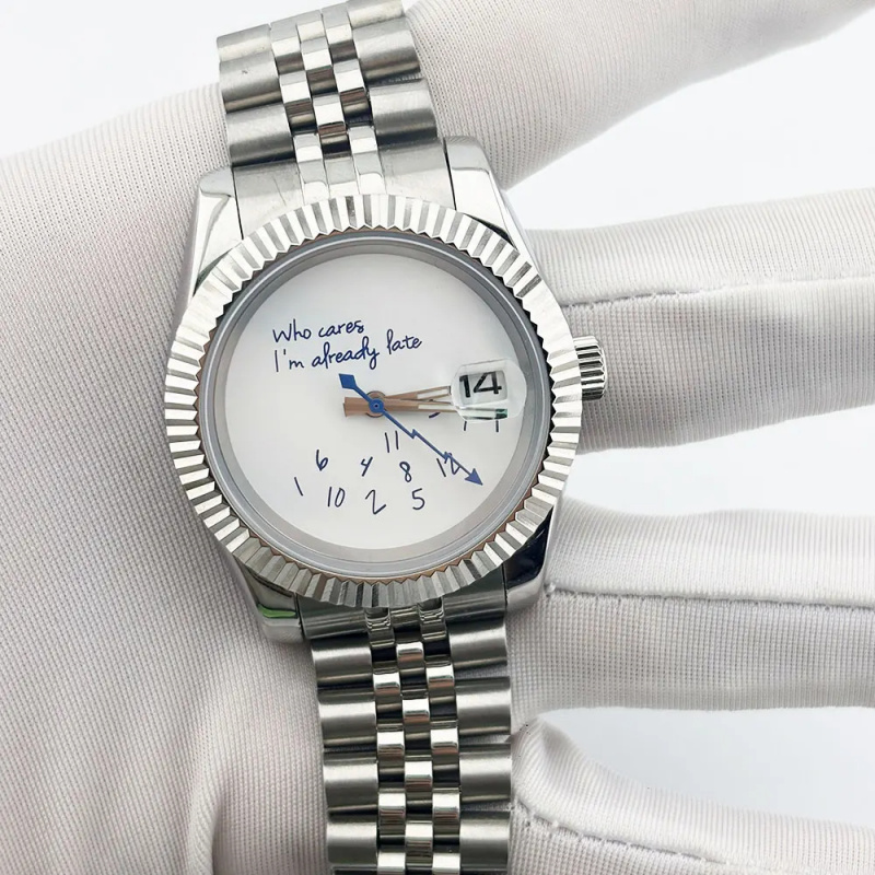 "Who cares" blue text watch 36 or 39mm 316L stainless steel sapphire glass suitable for NH35 automatic movement 5Bar waterproof