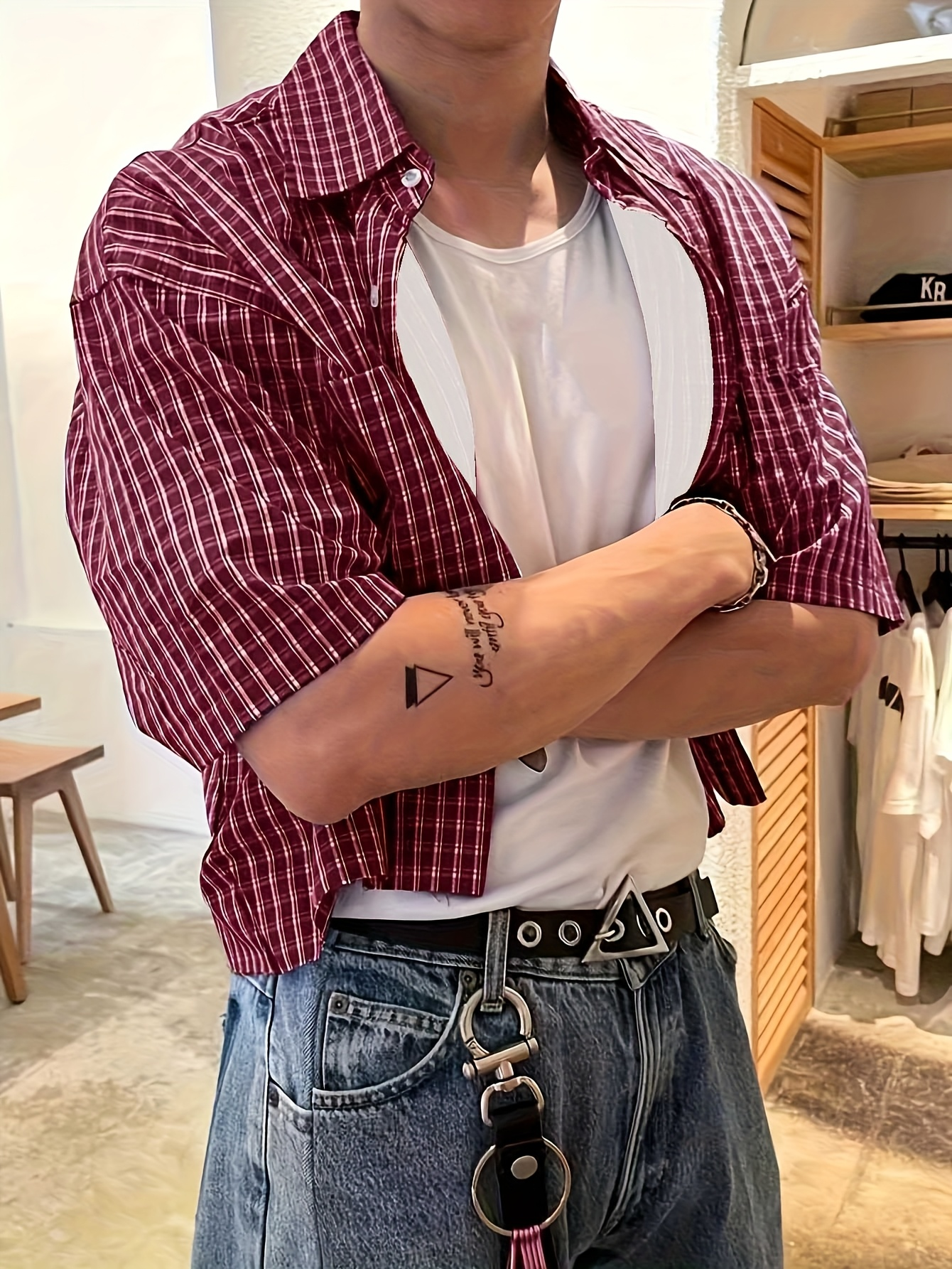 Men's Short-Sleeved Button-Up Shirt, Retro Red Checkered Striped Casual Shirt, Suitable for Summer Streetwear Tops