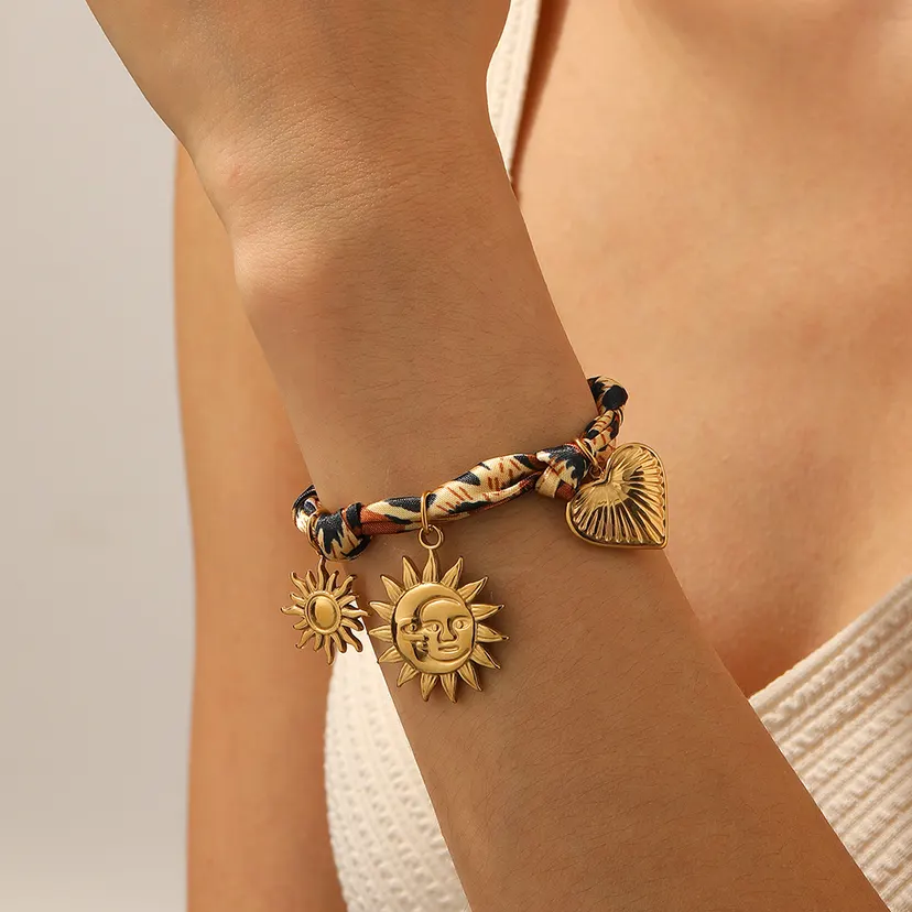Stainless Steel Golden Sun Moon Heart Brown Maillard Ribbon Bracelet Lady New Fashion Classic Wrist Chain Jewelry