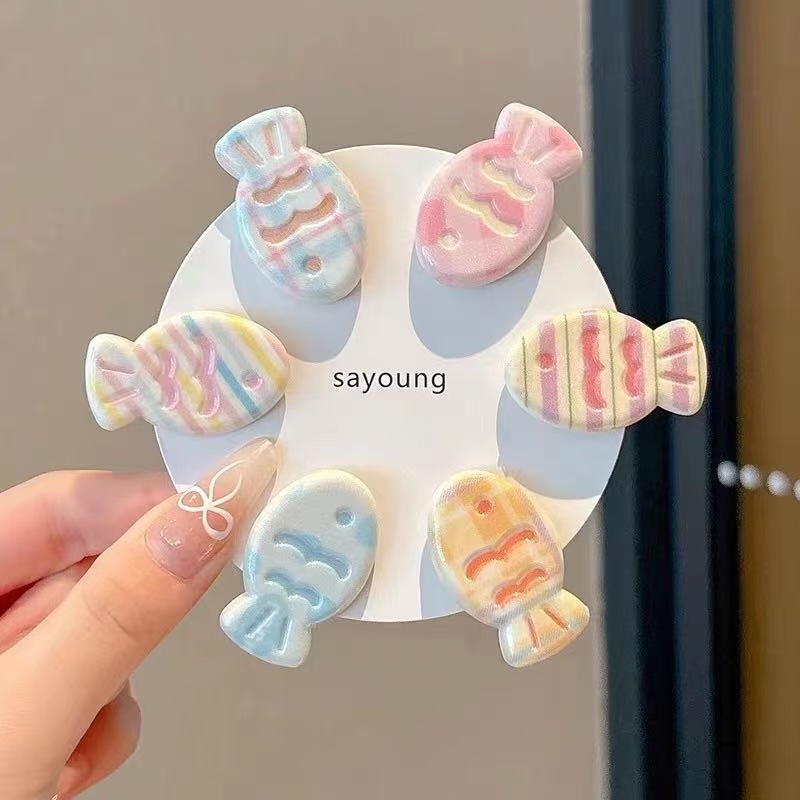6Pcs Soft Cute Candy Color Small Fish Hairpin Fresh Grid Stripe Cartoon Side Clip Girl Heart Sweet Hairpin Hair Clips for Women